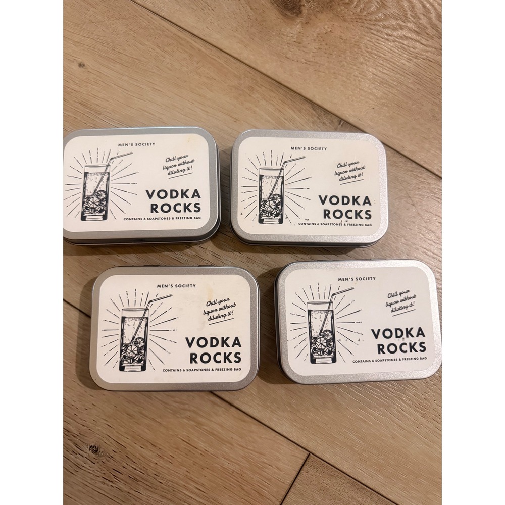 Men's Society Vodka Rocks (Set of 4) Tins 6 Soapstones & Cotton Freezing Bag New
